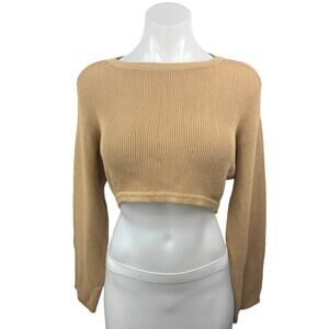 BCBGMaxazria Beige Boat Neck Long Sleeve Knit Pullover Crop Sweater Top Size S